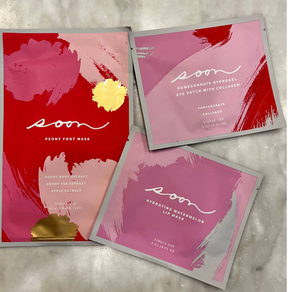 Soon Peony Foot Mask, Pomegranate Eye Patch, Watermelon Lip Mask